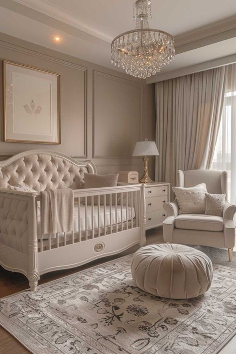 50 Simply Adorable Baby Girl Nursery Ideas You’ll Love! Boujee Nursery, Atelier Choux Nursery, Dior Nursery, Baby Girl Bedroom Designs, Old Money Kids Room, Baby Room Design Girl, Baby Girls Room Ideas, Elegant Baby Girl Nursery, Baby Rooms Girl