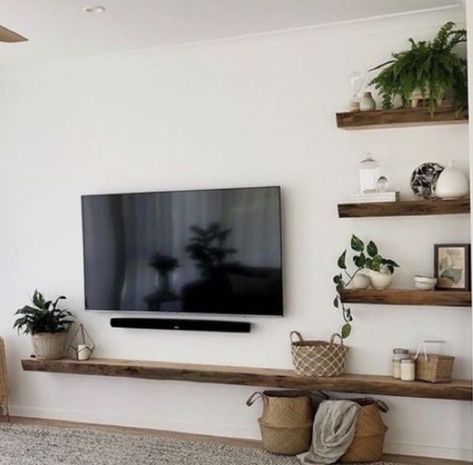 Wall Mounted Tv Office, Large Tv Console Bohemian, Floating Tv Living Room, Shelf Decor Living Room Wall Shelves Tv, Small Entertainment Center Decor Living Room, Uncentered Mounted Tv, Tv Room Floating Shelves, Small Living Room Tv Mount, Floating Shelf Tv Wall Living Room