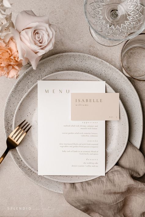 Modern Plate Setting Wedding, Bosveld Troue, Bedroom Luxury Design, Wedding Menu Ideas, Napkin Designs, Rehearsal Dinner Menu, Modern Wedding Theme, Wedding Tableware, Dusty Rose Wedding