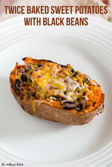 Twice-baked sweet potatoes are stuffed with a mixture of mashed sweet potatoes, black beans, onion, garlic and spices, and topped with melty Borden® Cheese for a healthier vegetarian dinner. #BordenCheeseLove #Ad Sweet Potato Black Bean Recipe, Mexican Sweet Potatoes, Sweet Potato Toppings, Twice Baked Sweet Potatoes, Baked Sweet Potatoes, Black Bean Recipes, Healthy Vegetarian Dinner, Sweet Potato Black Beans, Baked Fries