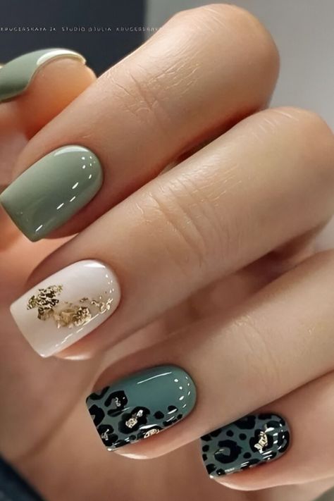 Aside from jewelry, hairstyle, and makeup, nails are another great way to vamp up your outfits that no trendy girl should miss.… Olive Green Nail Art Designs, Olive Green Cheetah Nails, Nail Ideas Olive Green, Nails Army Green, Army Green Nails, Trendy Green Nails, Khaki Nails, Tortoise Nails, Hairstyle And Makeup