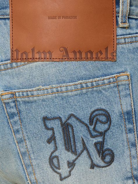 Find PALM ANGELS Monogram Loose Cotton Denim Jeans on Editorialist. Front button and concealed zip closure. Belt loops. Back leather logo patch. Embroidered back logo detail . Intentionally distressed and washed areas may vary. Five pockets. Model is wearing a size32 Denim Leather Patch, Latest Jeans, Loose Fit Jeans, Sports Sweatshirts, Loose Jeans, Crossbody Messenger Bag, Palm Angels, Leather Logo, Swim Accessories