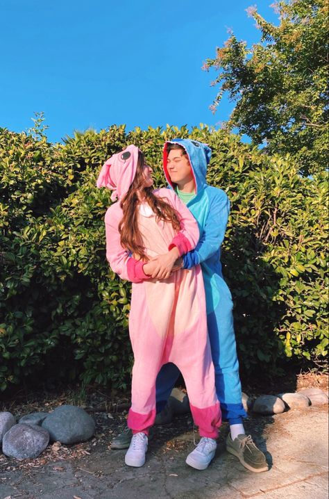 couple halloween costume ideas #couplehalloweencostumes #halloweenideas #halloween #halloweencostumeideas Care Bear Couples Costume, Stitch And Angel Couple Costumes, Match Halloween Costumes Couple, Stitch And Angel Onesies, Couple Halloween Costumes Onsie, Stitch And Angel Couple Costume, Holloween Costume For Bf And Gf, Cute Hollowed Costumes For Couples, Adorable Couple Costumes