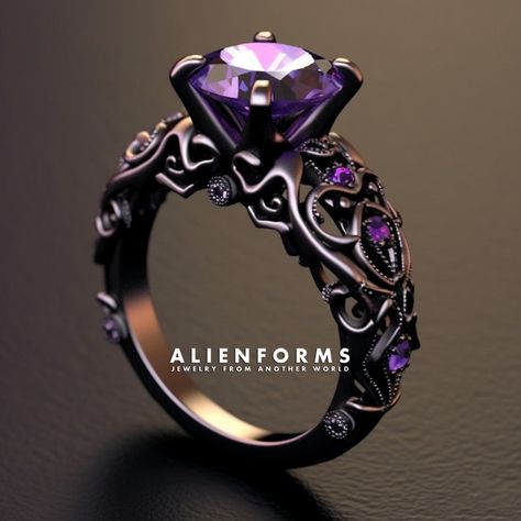 black engagement ring with a neo-vintage design. set with purple amethysts ♦ materials: Sterling silver 925 / 14k gold / 18k gold  ♦ made to order ♦ available in all ring sizes, and all gold colors ♦ available with other gemstones, please message for more info ♦ comes in an elegant ring box  ♦ Designed and Handcrafted in house Black And Purple Engagement Ring, Purple Gem Ring, Black And Purple Gothic Wedding, Royalcore Wedding, Black And Purple Wedding Dress, Purple Wedding Ring, Purple Engagement Ring, Geek Wedding Rings, Engagement Ring Gothic