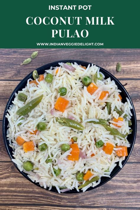 Coconut Milk Pulao is a South Indian one pot recipe made in thick coconut milk and few vegetables and served with any veg curry and raita.This is Vegan and Gluten Free. Veg Pulao Recipe, Vegetable Pulao Recipe, Vegetable Pulao, Coconut Milk Rice, Veg Pulao, Milk Rice, Indian Rice Recipes, Veg Curry, Indian Rice