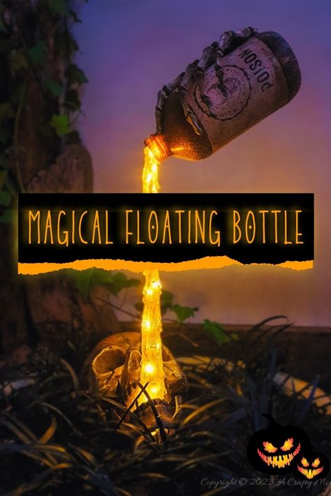 Unleash your inner sorcerer with this Halloween with a DIY Skull and Floating Bottle Planter! We’ll show you how to get the bottle to defy gravity and create a dripping poison effect that casts an otherworldly glow over the scene at night. The tutorial includes a free poison label printable and loads of pictures to guide you through the process. No special tools needed. #ACraftyMix Diy Hanging Corpse, Diy Floating Halloween Decorations, Potion Bottle Halloween Decor, Floating Potion Bottle, Gothic Bottles Diy, Halloween Bottle Art, Diy Haunted House Props Creepy Halloween, Halloween Yard Haunt Ideas, Diy Halloween Candleabra Ideas