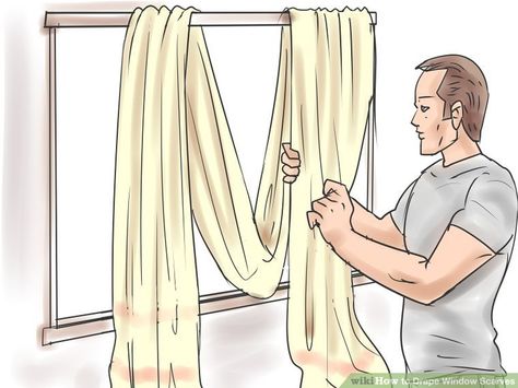 How to Drape Window Scarves: 5 Steps (with Pictures) - wikiHow Scarf Valance Ideas, Scarf Curtains, Rideaux Shabby Chic, Window Swags, Window Scarf, Swag Curtains, Diy Window Treatments, Window Treatments Living Room, Valance Window Treatments