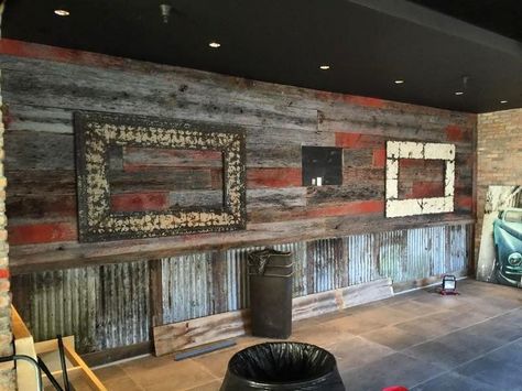 Brick And Corrugated Metal Wall, Barnwood And Metal Walls, Rustic Wall Finishes Ideas, Wood And Tin Walls Rustic, Barnwood And Tin Walls, Tin On Walls Ideas, Tin Walls Rustic, Tin And Wood Walls, Barn Tin Wall