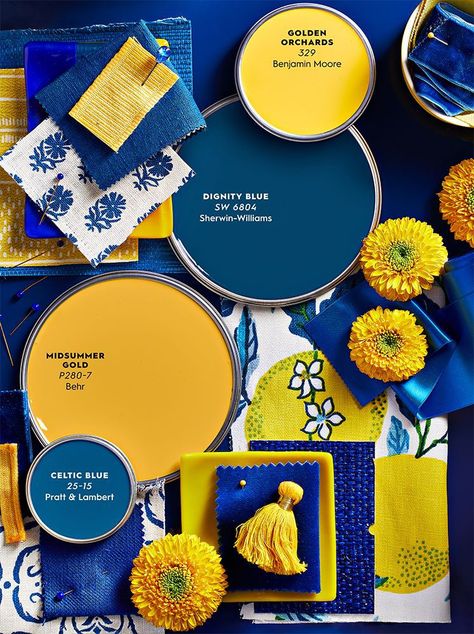 How 2 Interior Design and Color Experts Use Sunny Yellows and Cool Blues to Brighten Up a Room Paint Inspo, Yellow Colour Scheme, Color Palette Yellow, Paint Color Schemes, Sun Shining, Blue Color Schemes, Colour Board, Paint Colors For Home, Benjamin Moore