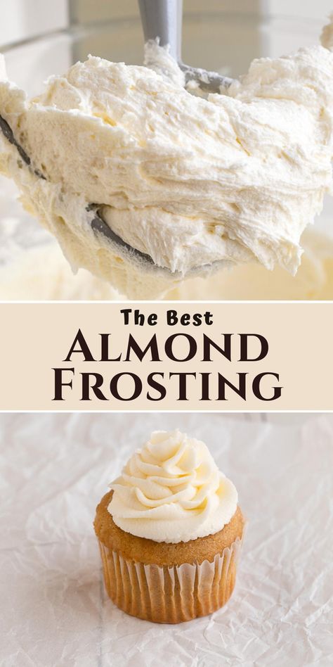 almond buttercream frosting on beater and on cupcake. Almond Whipped Cream Frosting, Almond Buttercream Cake, Best Almond Buttercream Frosting, Almond Vanilla Cupcakes, Almond Cake Frosting Recipe, Crusty Buttercream Frosting, French Frosting Recipe, Crusted Buttercream Frosting, Vanilla Almond Buttercream Frosting