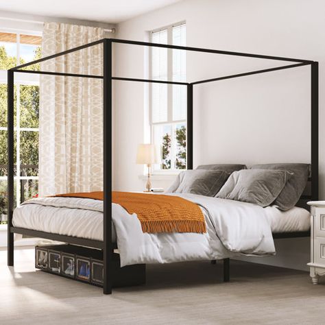 Ebern Designs Kyvin Canopy Bed | Wayfair Canopy Storage Bed, Queen Canopy Bed, Metal Canopy Bed, Canopy Bed Frame, Cama King Size, Voile Curtains, Queen Size Bed Frames, Metal Canopy, Wood Bed Frame