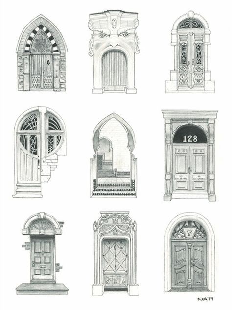 Architecture illustration of nine doors.   A door acts as our summary of each building and its purpose. Each unique variation on this crucial architectural element gives us context into the building itself but also lends itself as an expression of the culture that built it. This piece features doors from Italy, India, Belgium, United States, Morocco, Germany, and France Limited edition acid free/archival digital print, each architectural print is hand is numbered on the back. Printed on thick 27 Architectural Elements Sketches, Architecture Old Buildings, Italy Buildings Drawing, Victorian Buildings Architecture, Door Illustration Drawings, Doors Tattoo, Italy Buildings, Door Tattoo, Sketchbook Architecture