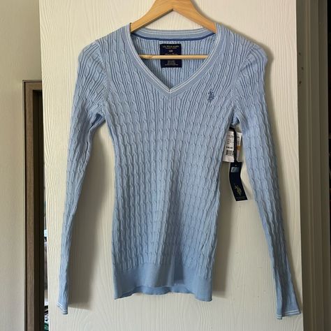 Us Polo Assn. Knit V Neck Light Blue - Skyway Combk Nwt Size Small Monogram Sweater, Womens Black Sweater, American Flag Sweater, Preppy Sweater, Knit V Neck, Dream Outfits, Us Polo, Sweater Trends, Us Polo Assn