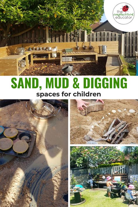 Add interest to the children's outdoor play areas with this inspiring educator compilation of simple mud kitchen and digging play spaces for children by The Empowered Educator. #mudkitchen #messyplay #outdoorplay #mudplay #sandpit #sandplay #daycareactivities Daycare Spaces, Outdoor Play Space, Outdoor Learning Spaces, Play Area Backyard, Outdoor Play Spaces, Play Garden, Outdoor Play Areas, Outdoor Play Area, Kids Outdoor Play