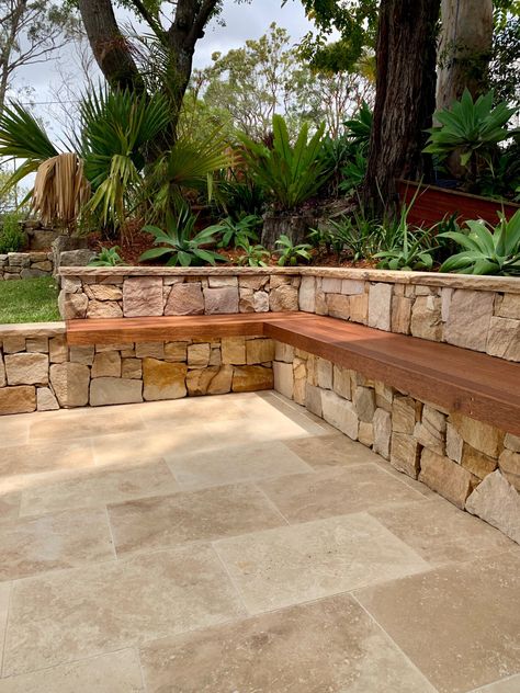 Sandstone Tiles Outdoor, Pavers Small Backyard, Backyard Travertine Pavers, Stone Walled Garden, Sandstone Retaining Wall Pool, Sandstone Garden Wall, Tiled Retaining Wall, Sandstone Wall Garden, Outdoor Stone Tiles