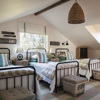 End to End Built In Twin Beds with Shiplap Walls - Cottage - Boy's Room Black Twin Beds, Built In Twin Beds, Patchwork Quilt Bedding, Shared Boys Bedroom, Beds With Drawers, Blue Striped Rug, Blue Boys Bedroom, Boys Shared Bedroom, Boys Bedroom Makeover