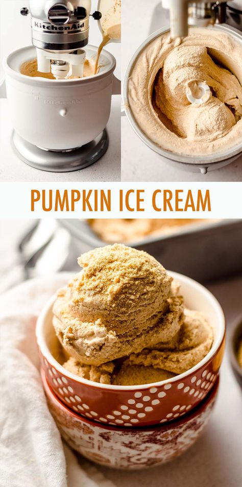 Smooth and creamy homemade ice cream made with real pumpkin, sweetened with brown sugar, and spiced with cinnamon and pumpkin pie spice. Get your pumpkin ice cream fix any time of the year with this simple recipe! via @frshaprilflours Kitchen Aid Ice Cream Recipes, Fall Ice Cream, Pumpkin Ice Cream Recipe, Kitchen Aid Ice Cream, Pumpkin Spice Ice Cream, Ice Cream Recipes Machine, Pumpkin Pie Ice Cream, Pumpkin Ice Cream, Ice Cream Maker Recipes