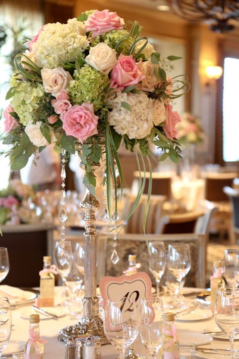 reception flowers...I like roses, the crystals and the hydrangea for fullness....we don't like the green Pink Green Centerpiece, Sage And Pink Centerpieces, Green And Pink Centerpieces, Cocktail Reception Decor, Green Wedding Centerpieces, Rose Centerpieces Wedding, Pastel Wedding Theme, Pink Wedding Centerpieces, Urn Arrangements