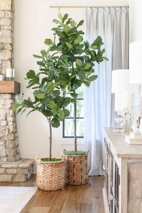 Faux Plants Decor Living Room, Large Floor Plants Living Rooms, Indoor Fake Tree Decor Living Rooms, Faux Fig Tree Living Room, Faux Plant Living Room, Tree In Living Room Corner, Faux Plants Living Room Decorating Ideas, Adding Greenery To Living Room, Large Faux Plants Living Room