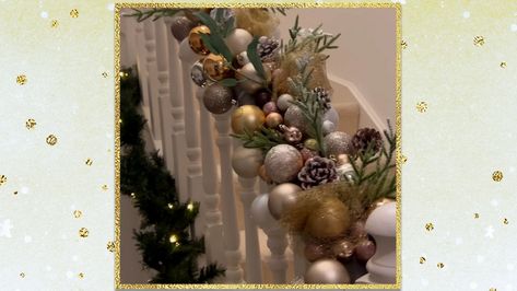 How to make this festive winter railing decoration using a pool noodle Pool Noodle Staircase Christmas, Pool Noodle Christmas Mantle, Pool Noodles Christmas Decorations, Pool Noodle Garland, Pool Noodle Christmas, Christmas Floral Arrangements, Pool Noodle, Christmas Mantle, Pool Noodles