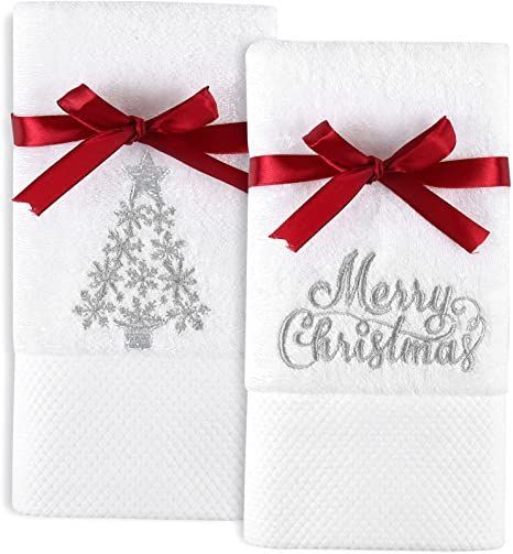 Quera 2 Pack Christmas Hand Towels 100 percent Cotton Embroidered Premium Luxury Decor Bathroom Decorative Dish Set for Drying, Cleaning, Cooking, Holiday Gift 13.7'' x 29.5'', White,silver Christmas Towels Bathroom, Holiday Hand Towels, Embroider Ideas, Vive Le Vent, Bathroom Towel Decor, Christmas Hand Towels, Christmas Bathroom, Christmas Kitchen Towels, Christmas Towels