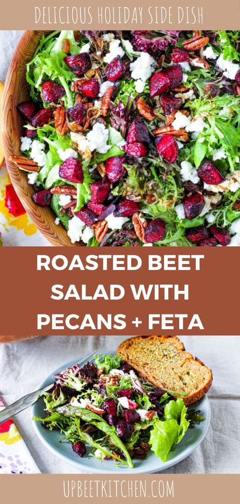 Here is a lovely salad with roasted beets, pecans, feta, cranberries, and balsamic vinaigrette on mixed greens or kale- your choice! A fabulous side dish for fall and winter. Salad With Pecans, Beet Salad With Feta, Beet Salad Recipe, Beet Salad Recipes, Roasted Beet Salad, Salad Mixed Greens, Beet Recipes, Autumn Salad, Best Salad Recipes