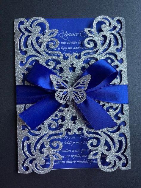 Royal Blue 15 Invitations, Royal Blue And Silver Quince Invitations, Royal Blue And Silver Invitations, Royal Blue Butterfly Quince Dress, Royal Blue Invitations Quinceanera, Royal Blue And Silver Quince Theme, Dark Blue Quince Invitations, Quince Decorations Dark Blue, Quince Decorations Blue And Silver