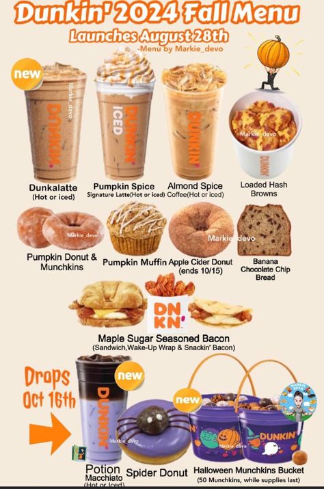 Donkin Donuts, Dunkin Donuts Coffee Drinks, Fall Donuts, Pumpkin Banana Muffins, Spiced Almonds, Fall Menu, Bacon Sandwich, Seasonal Drinks, Happy Hour Drinks