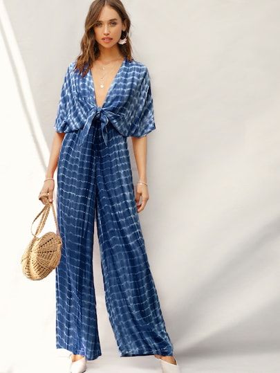 Blue Bohemian Palazzo Set For Festivals, Shibori Jumpsuit, Beach V-neck Jumpsuit With Tie Waist, Bohemian Summer V-neck Jumpsuits And Rompers, Bohemian V-neck Jumpsuits And Rompers For Loungewear, Mode Batik, Footed Leggings, Palazzo Jumpsuit, Boho Jumpsuit