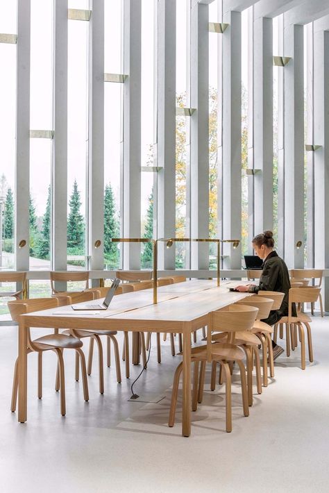 Gallery of Kirkkonummi Library / JKMM Architects - 5 Painted Bookshelf, Public Library Design, Study Cafe, Concrete Posts, Library Pictures, Community Halls, Timber Walls, City Library, Big Table