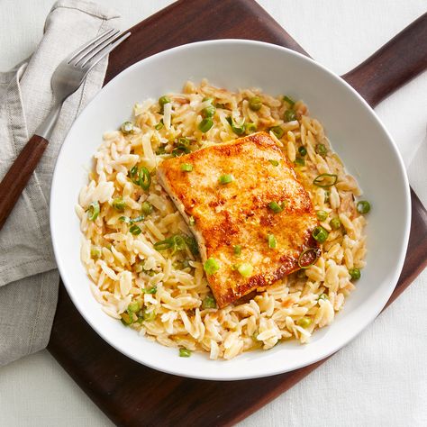 Lemony Fish With Orzotto Fish With Orzo, Real Simple Magazine Recipes, Light Entrees, Easy Easter Dinner, Longevity Recipes, Cook Fish, How To Cook Orzo, Recipes Fish, Magazine Clippings