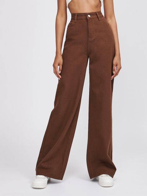 Brown Wide Leg Pants Outfit, Brown Outfit Aesthetic, Brown Denim Pants, Pant Outfits For Women, Brown Pants Outfit, Wide Leg Jeans Outfit, Wide Leg Pants Outfit, High Waist Wide Leg Jeans, Brown Denim