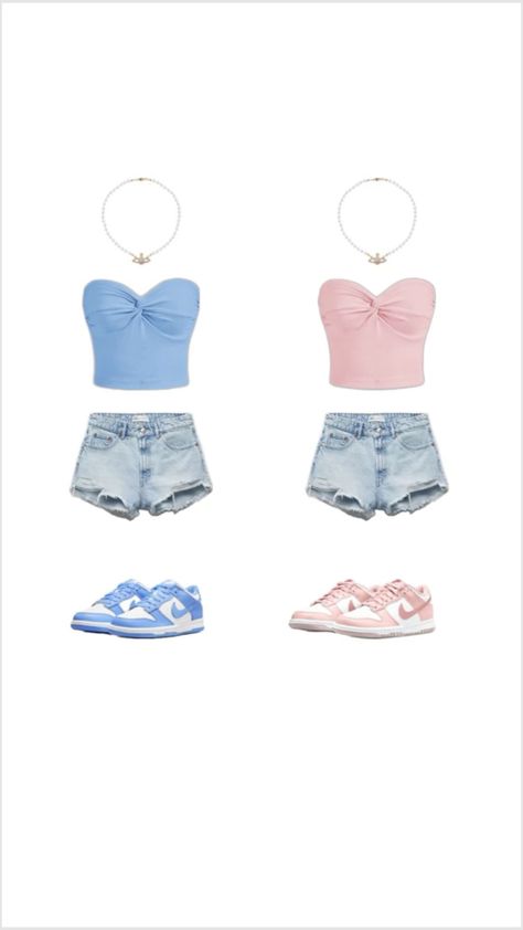 Cute Outfits For Besties, Matching Bestie Outfits Aesthetic, Summer Outfits Matching Friends, Matching Bestie Outfits Summer, Cute Outfits To Match With Friends, Duo Summer Outfits, Matching Airport Outfits Best Friends, Cute Matching Outfits For Best Friends Summer, Pink And Blue Matching Outfits