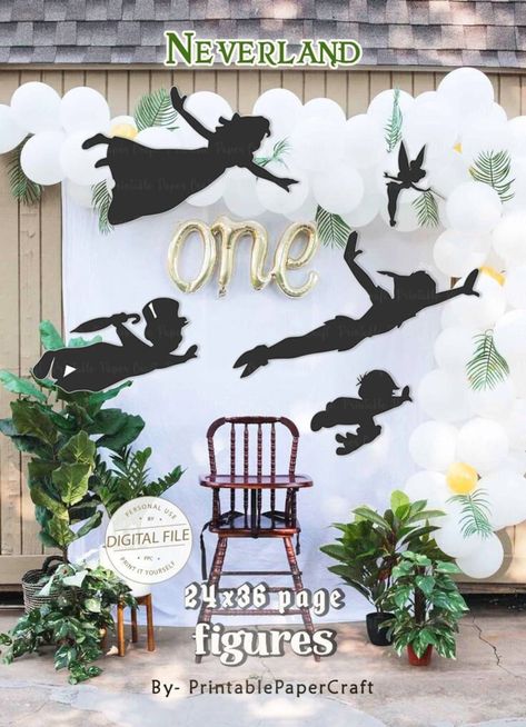 Peter Pan Christmas Tree, Peter Pan Birthday Theme, Peter Pan Balloon Arch, Pixie Hollow Birthday Party, Neverland Party Theme, Peter Pan Trunk Or Treat, Peter Pan Backdrop, Peter Pan First Birthday Party, Peter Pan Baby Shower Ideas