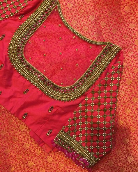 Arri Work Net Blouse, Net Design Aari Work Blouse, Heavy Bead Work Aari Blouse, Aari Work Grand Neck Design, Back Neck Net Aari Work, Aari Work Grand Design, Copper Zari Aari Work Blouse Design, Red Aari Work Blouse Designs, Back Neck Aari Designs For Blouses