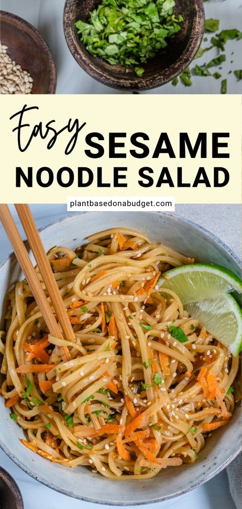 This sesame noodle salad recipe is as easy as it gets. The most time-consuming part of it is cooking the Asian noodles which is done while you prepare the rest of the ingredients. Then you just need to grate your carrots, mince the garlic, chop the cilantro, and squeeze the lime. Once the noodles are cooked and cooled you can add all of the ingredients and mix. Yes, it’s that easy! Tiger Salad With Green Tea Noodles, Pad Thai Noodle Salad, Korean Cold Noodle Salad, Spicy Noodle Salad Recipes, Asian Pasta Salad Recipes, Cold Asian Noodle Salad, Lime Noodles, Noodle Meals, Asian Pasta Salad