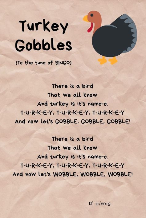 Turkey Song to the tune of BINGO - easy turkey song for story time Thankful Lesson Plans For Toddlers, November Activities For Infants, November Preschool Songs, Prek November Themes, November Themes Preschool, November Toddler Lesson Plans, December Curriculum For Toddlers, Thanksgiving Lessons For Preschool, Preschool Friendsgiving