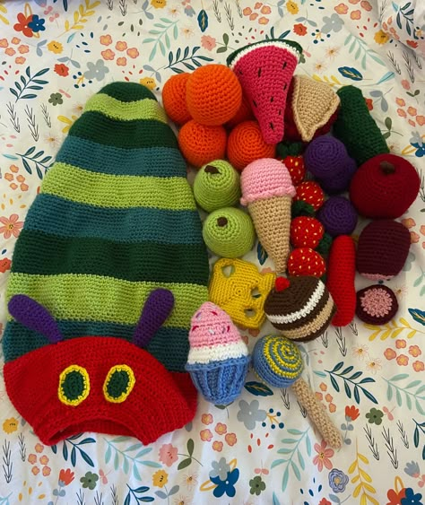 crochet toys Interactive Crochet Toys, Cute Easy Things To Crochet, Food Crochet Patterns Free, Crochet Hungry Caterpillar, Practical Crochet Projects, Toys To Crochet, Hungry Caterpillar Crochet, Fidget Crochet, Cherry Pie Slice