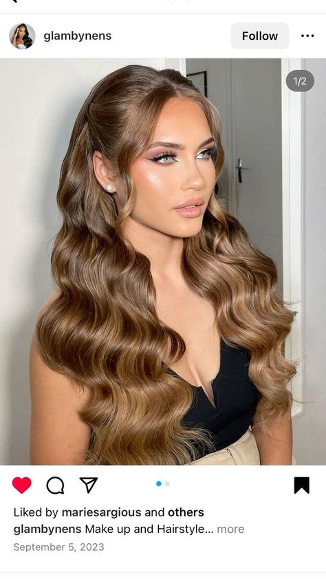 Big Wedding Hair Down With Veil, Wavy Hair For Wedding Guest, Hollywood Waves Bridal Hair Middle Part, Hollywood Waves Wedding Hair With Veil, Bridal Hairstyle Half Up Half Down, Voluminous Half Up Half Down Wedding, Half Up Hollywood Waves, Elegant Wedding Hair Down With Veil, Hair Down Wedding Veil