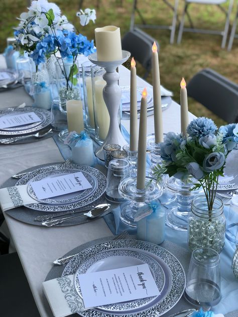 Blue, White & Silver Tablescape…Florals, Candles, Glam! #tablescapes #eventtabledecor #itschristeningday Silver Tablescape, Blue Party Themes, Blue Graduation Party, Blue Table Settings, Baby Blue Weddings, Blue Party Decorations, Blue Birthday Parties, Birthday Table Decorations, Blue Graduation