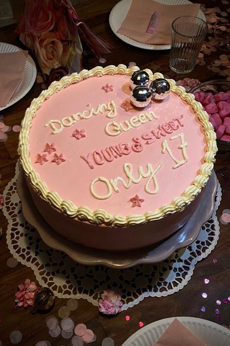 Mama Mia inspired cake #pink #birthday #cake #17th birthday B8rthday Cake Ideas, Pink 17 Birthday Cake, Birthday Cake For 17 Year Girl, 17 Year Birthday Ideas, 17 Yo Birthday Cake, 17 Birthday Cake Dancing Queen, Birthday Cake Ideas 17th Girl, Pink Dancing Queen Cake, 17tg Birthday Party