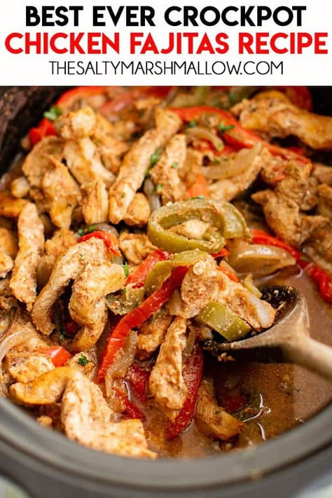 Crockpot Chicken Fajitas - treat yourself to a homemade dinner without breaking a sweat! Chicken breasts are sliced and slow cooked with a medley of bold ingredients like chunky salsa, bell peppers, and mouthwatering seasonings. Crockpot Chicken Fajita Recipes, Crock Pot Chicken Fajitas, Crockpot Fajitas, Crockpot Mexican Chicken, Slow Cooker Chicken Fajitas, Chicken Fajitas Crockpot, Chicken Fajita Recipe, Fajita Recipe, Chicken Fajita