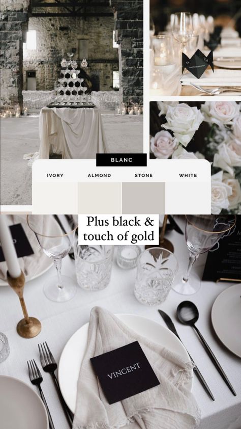 Taupe Black And White Wedding, Modern Classic Wedding Color Schemes, Black And White Wedding Color Pallet, Black White Tan Wedding Decor, Black White And Metallic Wedding, Black Grey Wedding Theme, Modern Classic Black And White Wedding, Modern Monochromatic Wedding, Minimal Black And White Wedding Table Decor