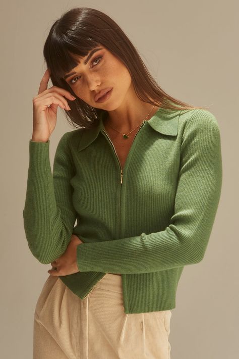 A woman wearing a fern double side zip-up polo cardigan. Zip Up Sweater Outfit, Collared Cardigan, Polo Cardigan, Zip Up Cardigan, Zippered Cardigan, Zip Cardigan, Green Cardigan, Cardigan Outfits, Zip Up Sweater