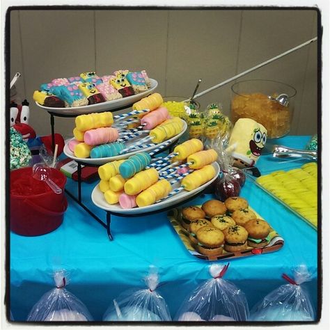 Spongebob dessert table Spongebob Theme Party, Spongebob Theme, Dessert Birthday, Spongebob Birthday Party, Birthday Party Table, Spongebob Party, Spongebob Birthday, Birthday Party Tables, Sponge Bob