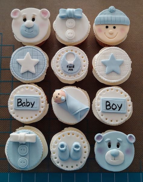 Cupcake Baby Shower Boy, Its A Boy Cupcakes, Amazing Baby Shower Cakes, Cupcakes With Fondant, Baby Shower Cupcakes For Boy, Baby Boy Cupcakes, Baby Cupcakes, Baby Shower Cake Designs, Gateau Baby Shower