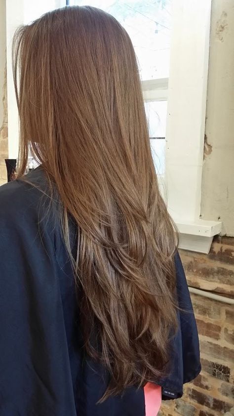 Brown Hair Colors Long Layers, Brunnete Long Hair Aesthetic, Straight Long Brown Hair With Layers, Triangle Layers Haircut Long Hair, Layers Brown Hair Long, Layered Styled Hair, Blonde Long Layers Straight, Strait Layered Hair, Layers For Long Hair Brown