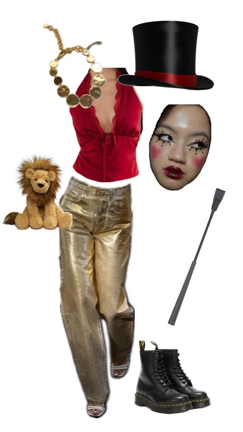 gold jeans red top lion Lion Tamer Halloween Costume, Circus Ring Master, Lion Tamer Costume, Circus Ring, Ring Master, Under The Big Top, Lion Tamer, Circus Costume, I Love Halloween