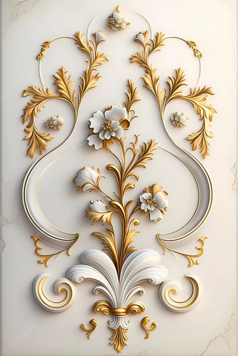 Premium Photo | A wall with gold and white floral designs. Gold And White Design, White And Gold Wallpaper, Rococo Interior, Gold Wallpaper Phone, Gold Phone, Black Magic Woman, Beautiful Lettering, Art Decor Diy, Decorative Mouldings