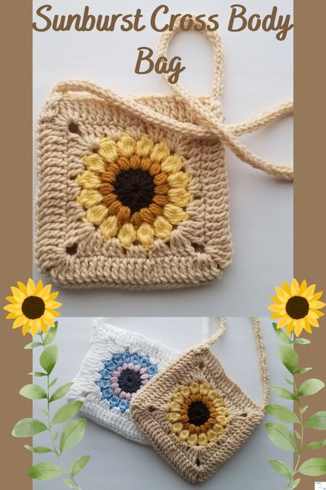 This granny square bag looks like a sunflower. Crochet Sweater Free, Square Handbag, Tas Mini, Crocheted Bags, Free Crochet Bag, Crochet Aesthetic, Crochet Sweater Pattern Free, Flowers Tutorial, Crochet Bag Pattern Free